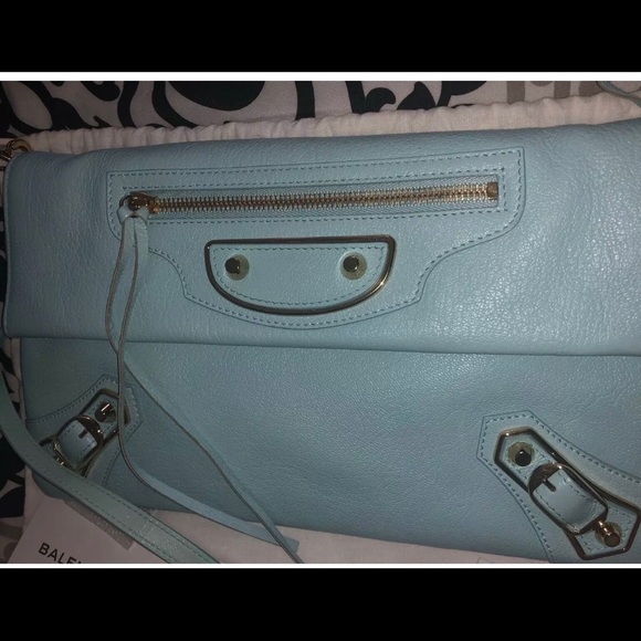 Balenciaga Metallic Edge Baby Blue Envelope Clutch Small Purse - Picture 2 of 5
